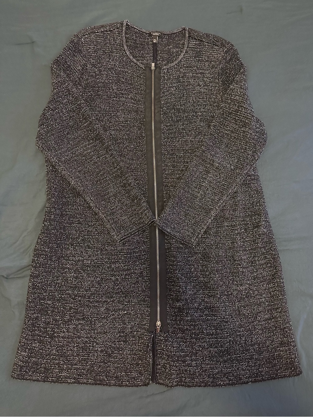 Talbots Petites Longline Zip-Front Knit Cardigan - Black and Gray - Size 2XP